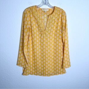 Michael Kors Top Women Small Tunic Shirt Sheer Taxi Yellow Paisley Long Sleeve I